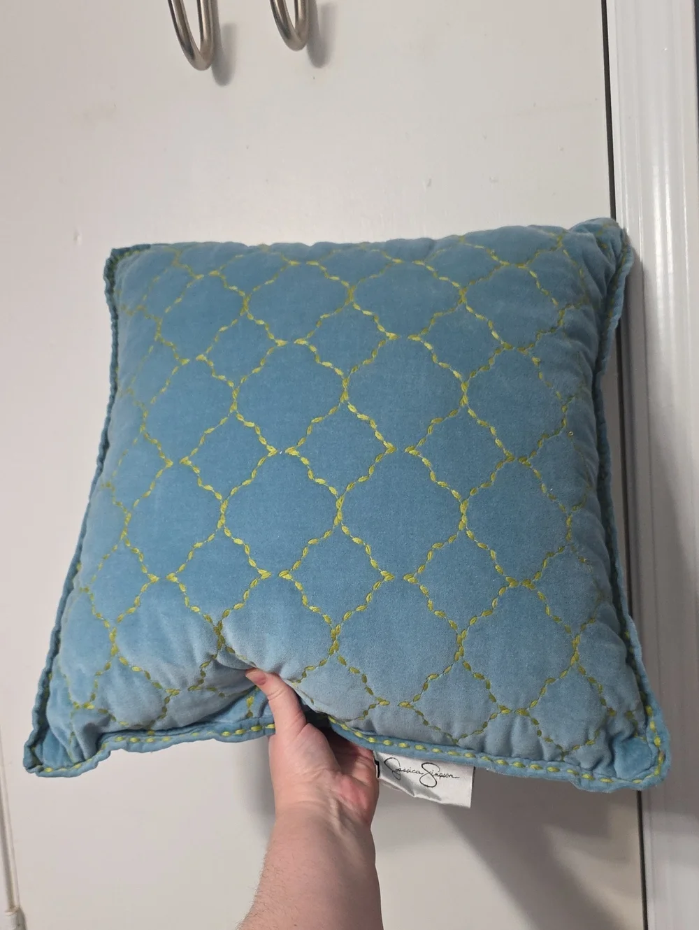 Jessica Simpson Teal Velvet Pillow with Green Lattice Stitching